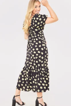 Floral Plunge Short Sleeve Midi Dress