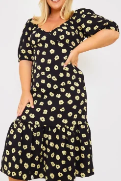 Floral Plunge Short Sleeve Midi Dress