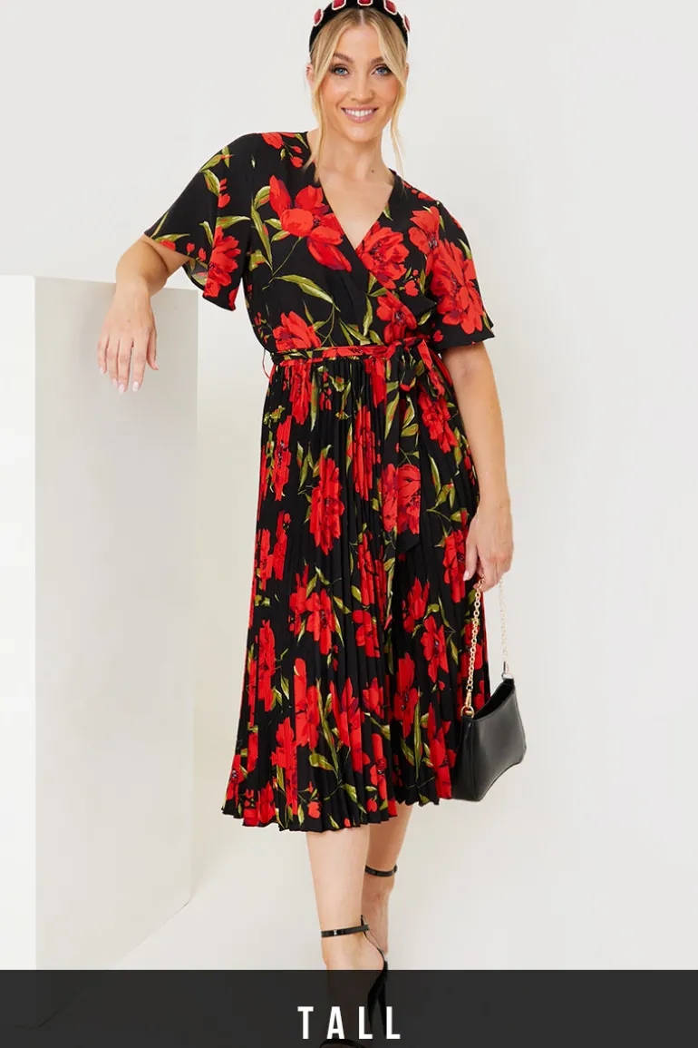 Floral Print Pleated Wrap Midi Dress