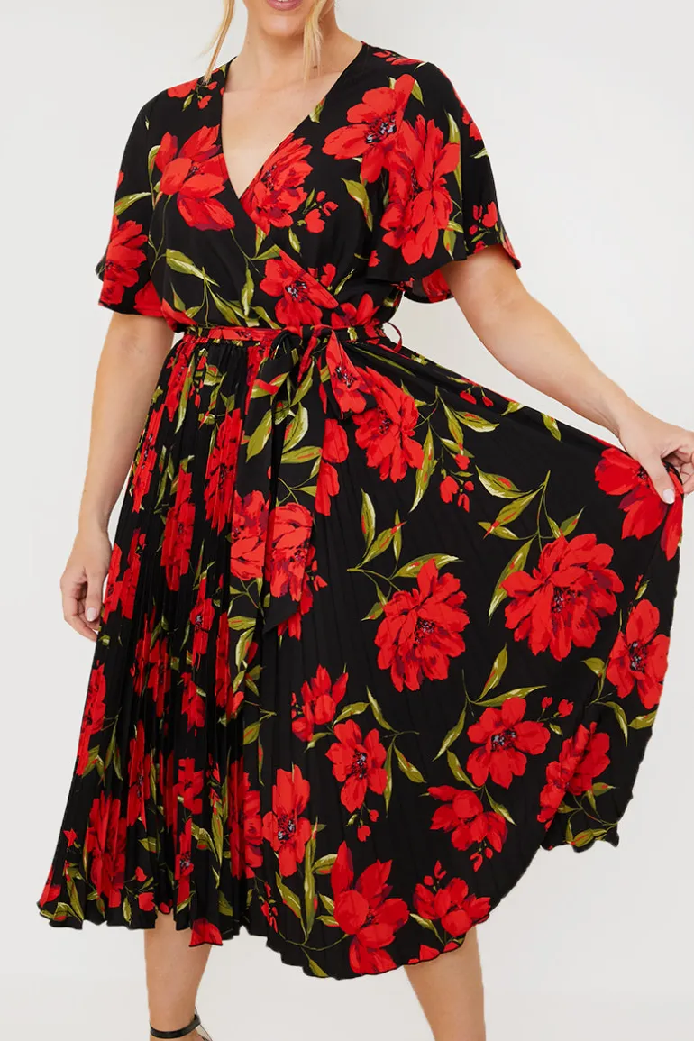 Floral Print Pleated Wrap Midi Dress