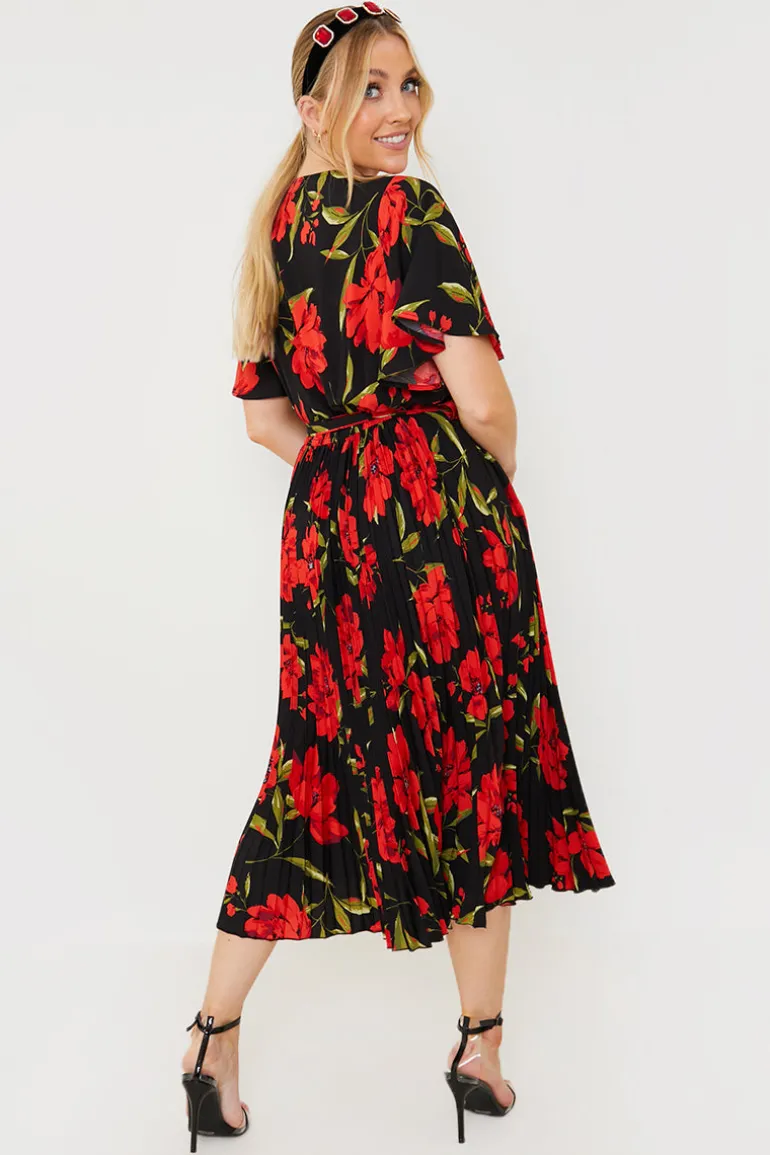 Floral Print Pleated Wrap Midi Dress