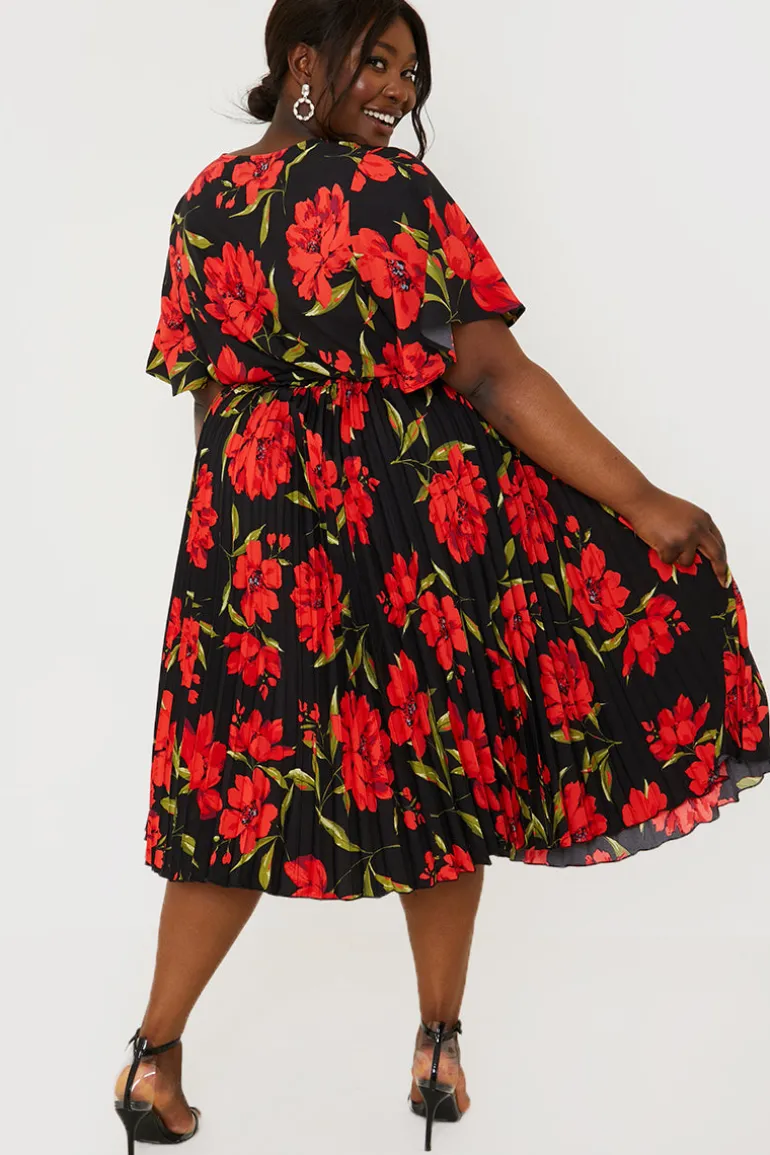 Floral Print Pleated Wrap Midi Dress