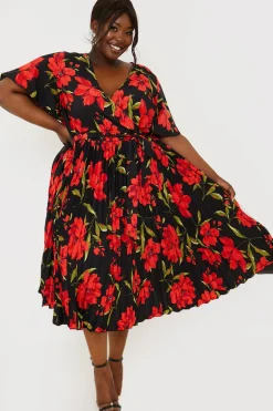 Floral Print Pleated Wrap Midi Dress