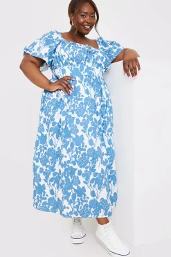 Floral Print Puff Sleeve Sweetheart Midi Dress
