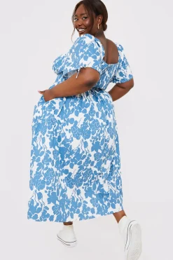 Floral Print Puff Sleeve Sweetheart Midi Dress