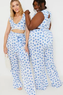 Floral Print Tie Detail Wide Leg Trousers