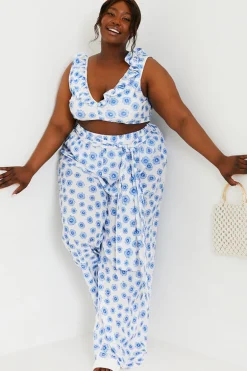 Floral Print Tie Detail Wide Leg Trousers