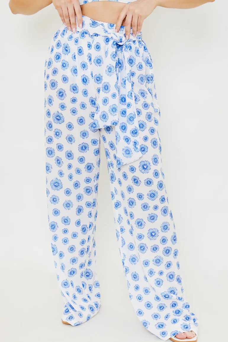 Floral Print Tie Detail Wide Leg Trousers