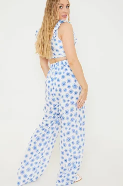 Floral Print Tie Detail Wide Leg Trousers