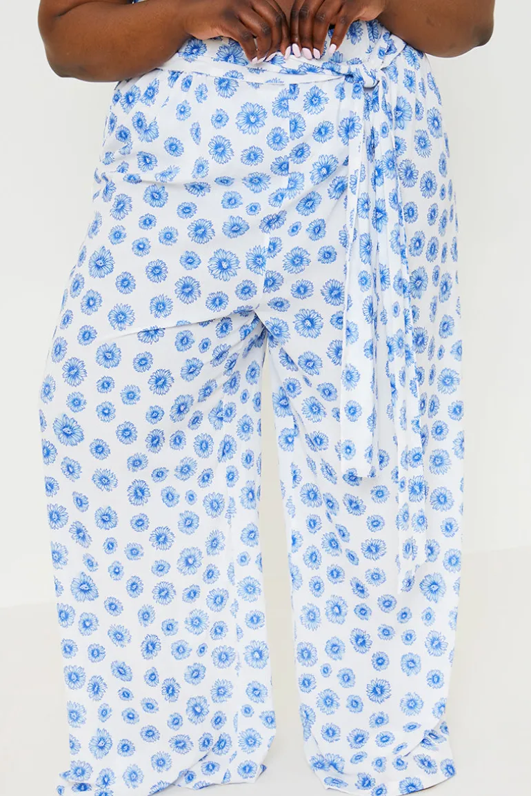Floral Print Tie Detail Wide Leg Trousers