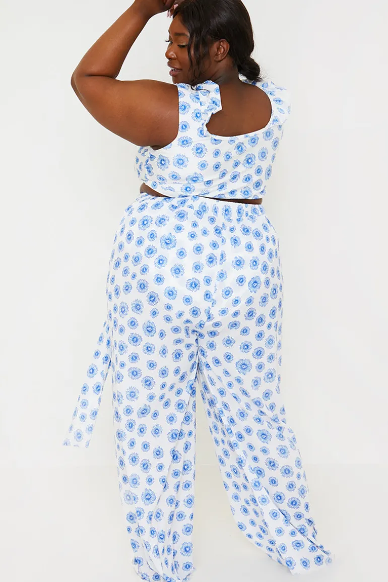 Floral Print Tie Detail Wide Leg Trousers