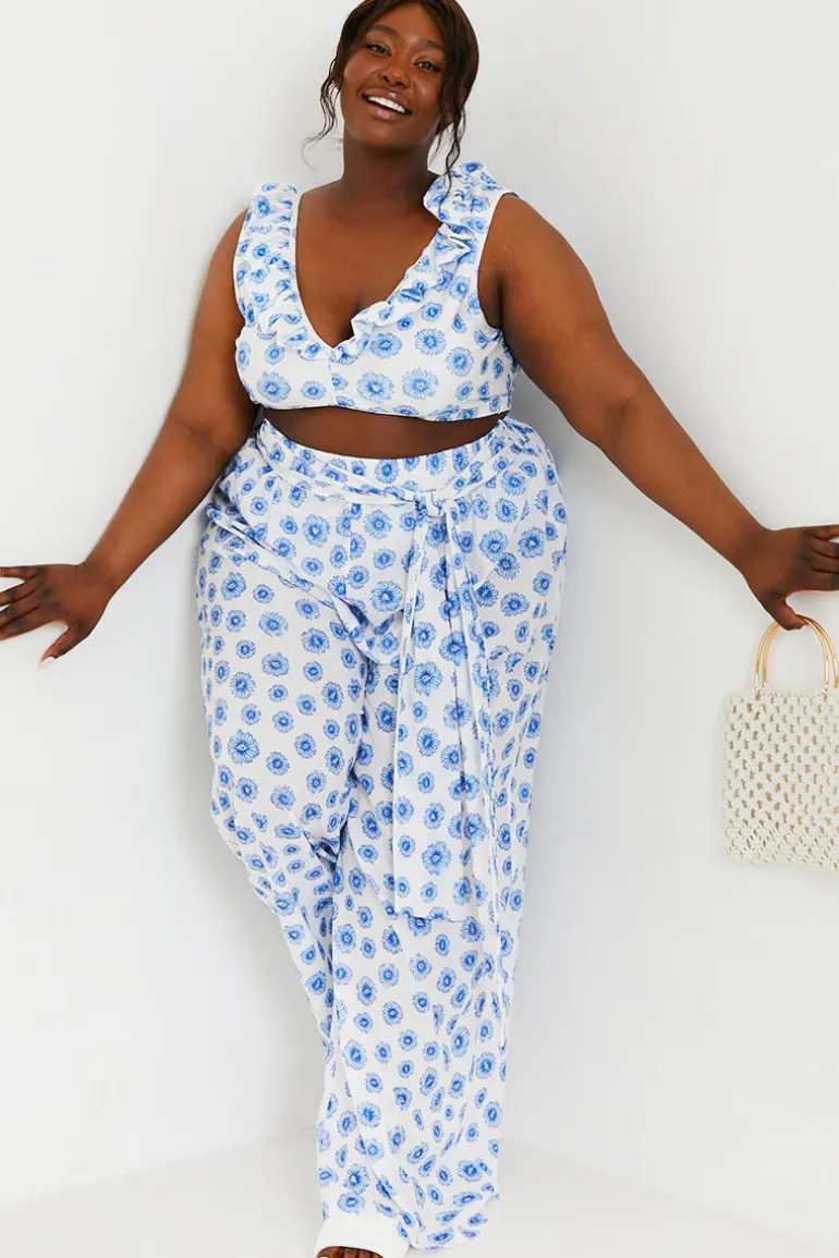 Floral Print Tie Detail Wide Leg Trousers