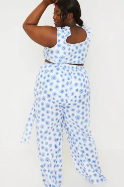 Floral Print Tie Detail Wide Leg Trousers