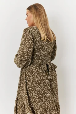 Floral Print Wrap Front Belted Balloon Sleeve Midi Dress