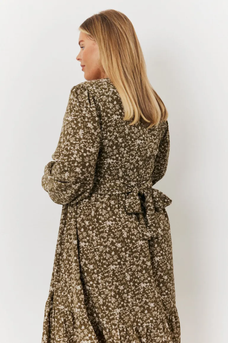 Floral Print Wrap Front Belted Balloon Sleeve Midi Dress