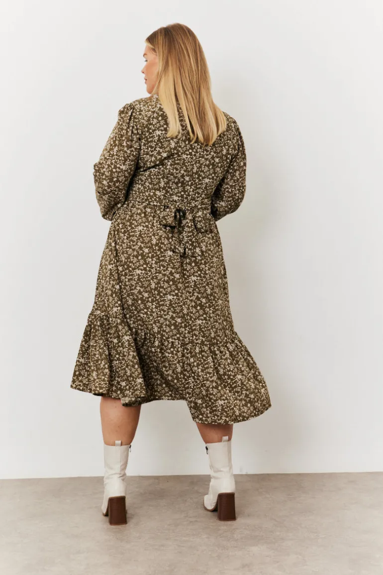 Floral Print Wrap Front Belted Balloon Sleeve Midi Dress