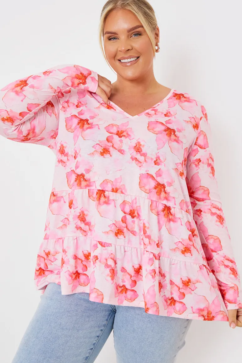 FLORAL TIERED JERSEY SMOCK TOP