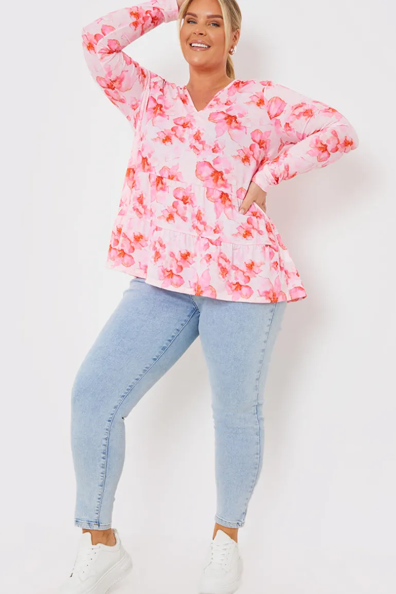 FLORAL TIERED JERSEY SMOCK TOP