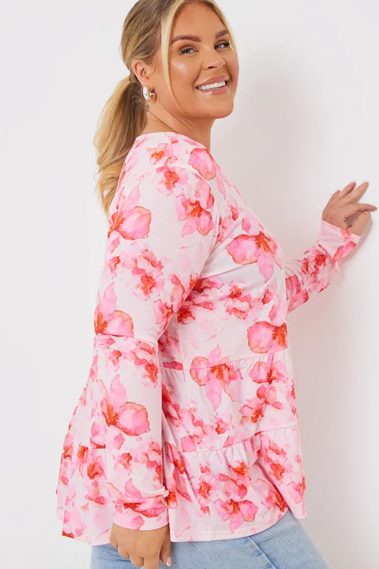 FLORAL TIERED JERSEY SMOCK TOP