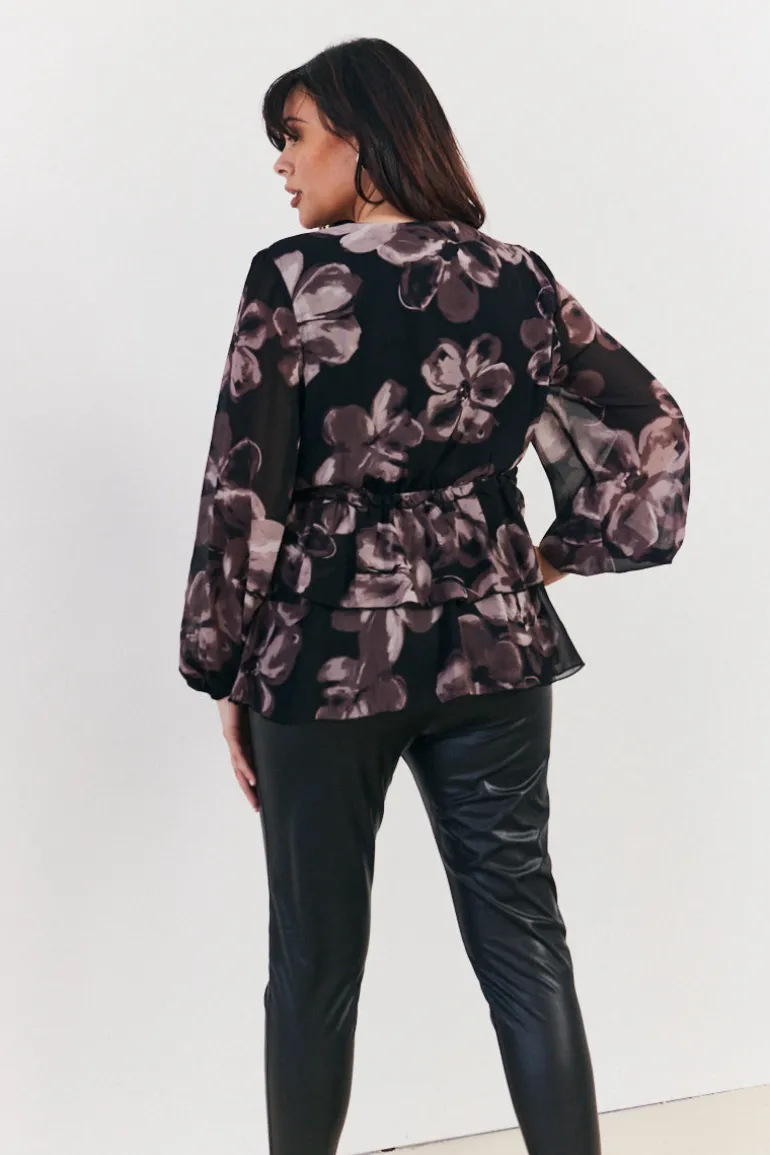 Floral V Neck Frill Detail Blouse