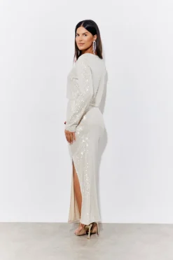 Gold Sequin Slit Detail Midi Skirt
