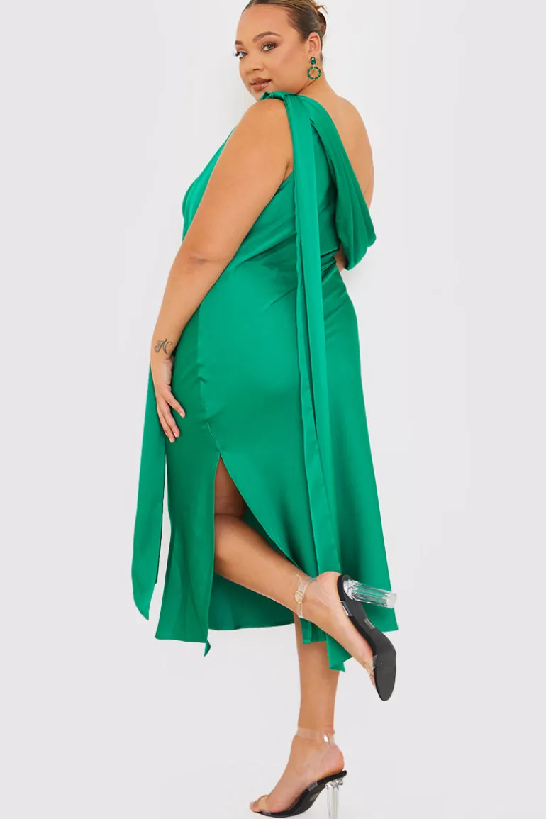 Green Satin Asymmetric Neckline Midi Dress