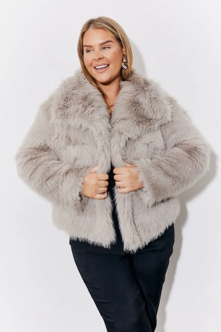 Grey Oversized Collared Faux Fur Coat