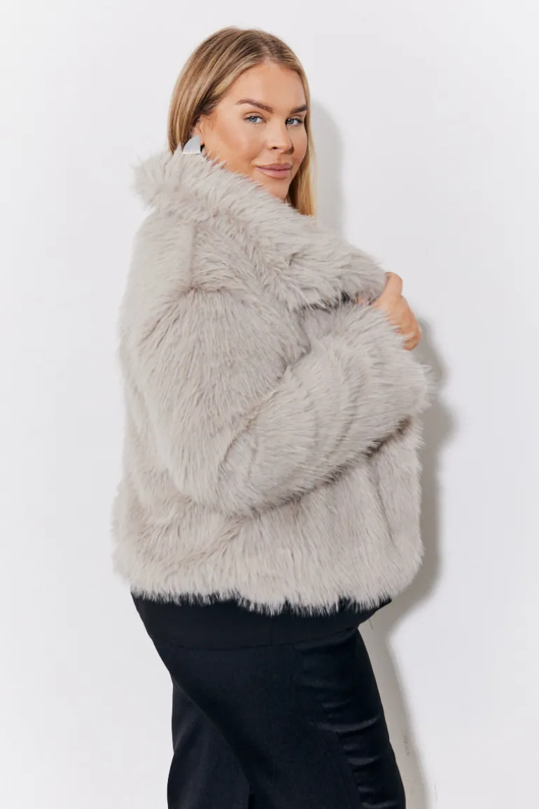 Grey Oversized Collared Faux Fur Coat