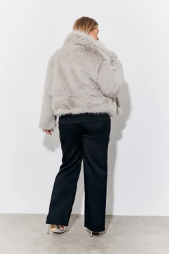 Grey Oversized Collared Faux Fur Coat