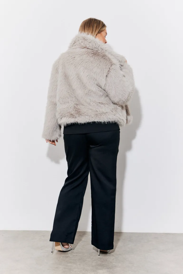Grey Oversized Collared Faux Fur Coat