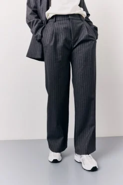 Grey Pinstripe Wide Leg Tailored Trouser
