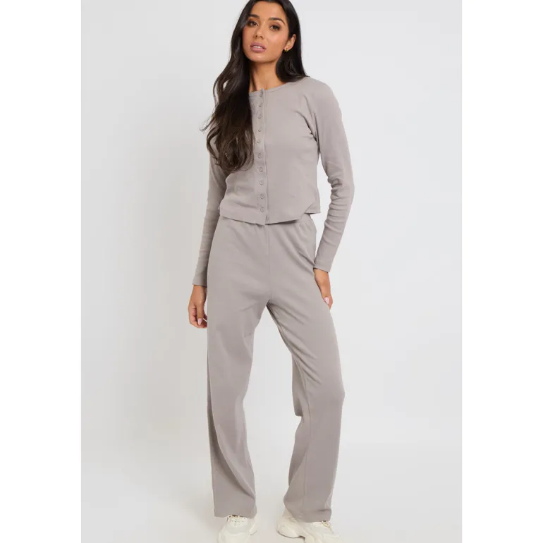 Grey Ribbed Wide Leg Trouser