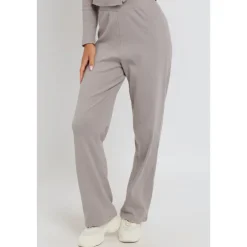 Grey Ribbed Wide Leg Trouser