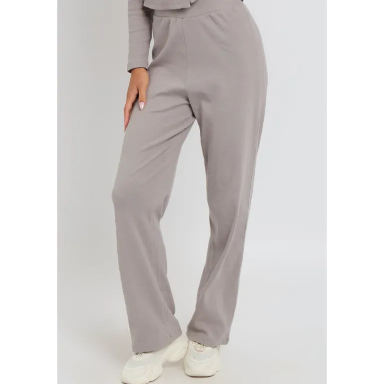 Grey Ribbed Wide Leg Trouser
