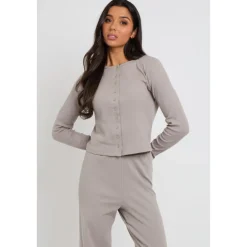 Grey Ribbed Wide Leg Trouser