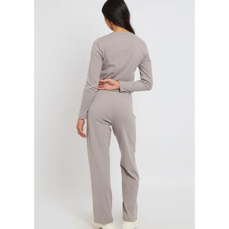 Grey Ribbed Wide Leg Trouser