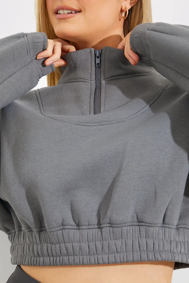 Half Zip Up Cropped Jersey Sweater
