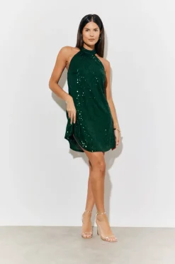 High Neck Sequin Swing Mini Dress