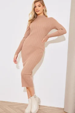 High Neck Variegated Rib Knit Midi Dress