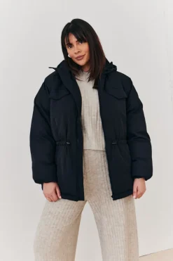 Hooded Drawstring Waist Puffer Coat