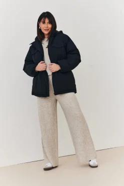 Hooded Drawstring Waist Puffer Coat