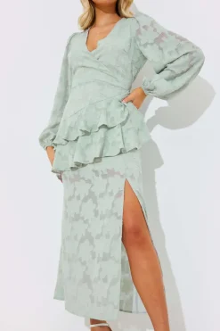 Jacquard Asymmetric Frill Wrap Midaxi Dress