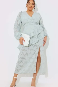 Jacquard Asymmetric Frill Wrap Midaxi Dress