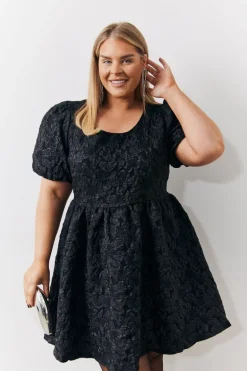 Jacquard Bow Back Puff Sleeve Smock Dress