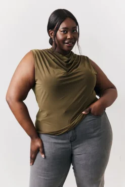 Khaki Slinky Cowl Front Sleeveless Top