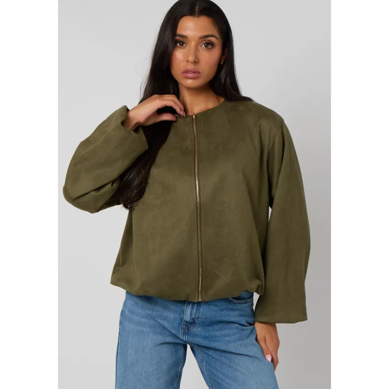 Khaki Suede Bubble Hem Jacket
