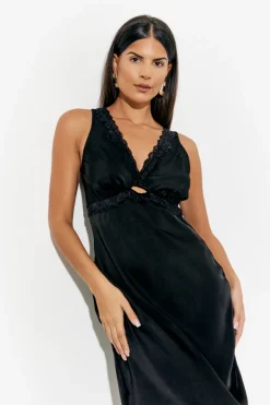 Lace Trim Satin Midi Dress