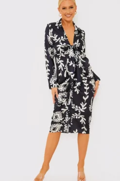 Leaf Print Plunge Tie Front Midi Shirt Dress