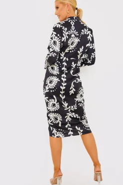 Leaf Print Plunge Tie Front Midi Shirt Dress