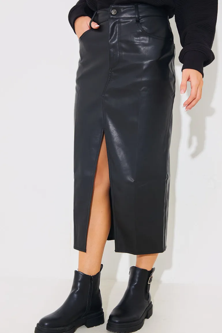 Leather Look Split Front Midi Skirt